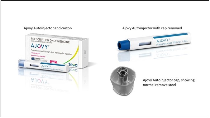 Ajovy Autoinjector and catron, Ajovy Autoinjector with cap removed, Ajovy Auto injector cap, showing normal remove steel