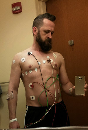 Jeff Breece shirtless with ekg pads