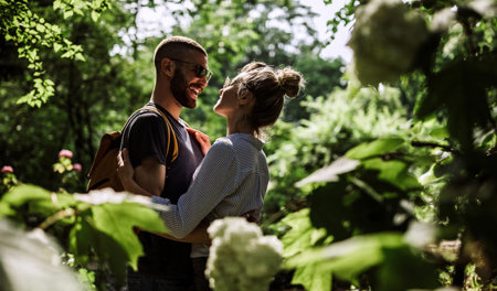 A man and woman hugging in the woods
