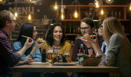 A group of people eating pizza in a restaurant