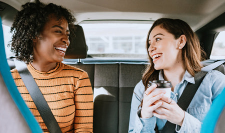 Two women sitting in the back seat of a car, chatting and smiling during a road trip.