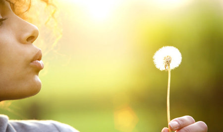 A woman gently blowing on a dandelion.