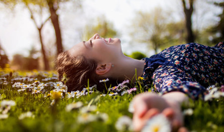 A woman laying in a field of flowers