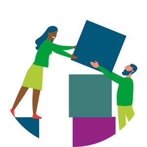 Colorful graphic of two people helping each other to assemble cubes and form a shape