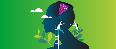 An illustration of a person with an open brain, where two small figures use ladders and tools to explore the inside.